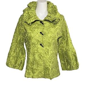IC by Connie K Artwear Textured Lime Green Jacket Ruffle Collar Floral Large USA